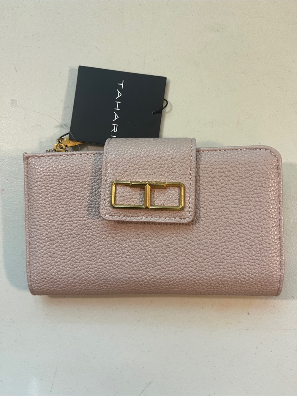 Tahari Light Blush Pebbled Leather Wallet with Gold Accent